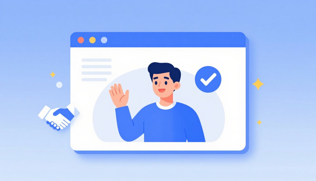 Illustration of a friendly avatar waving from a browser window with a verified checkmark badge and trust symbols