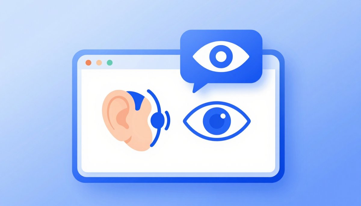 Illustration of a photo describing itself through a speech bubble, with ear and eye icons and a screen-reader sound wave