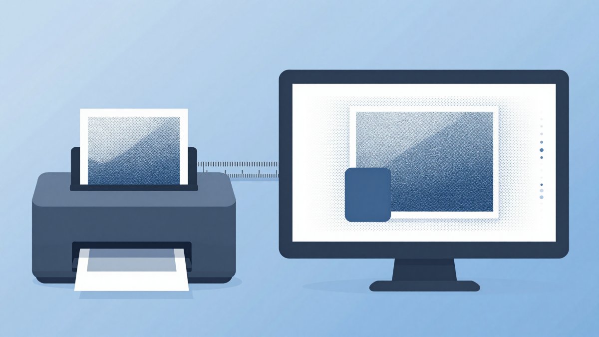 Split illustration of a printer producing a dotted photo print and a monitor showing the same photo as square pixels, bridged by a ruler