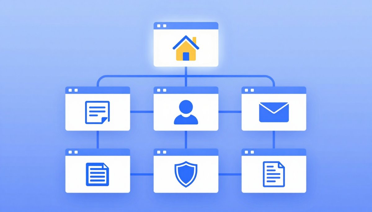 Illustration of seven website page cards connected like a site map tree with the home page glowing on top