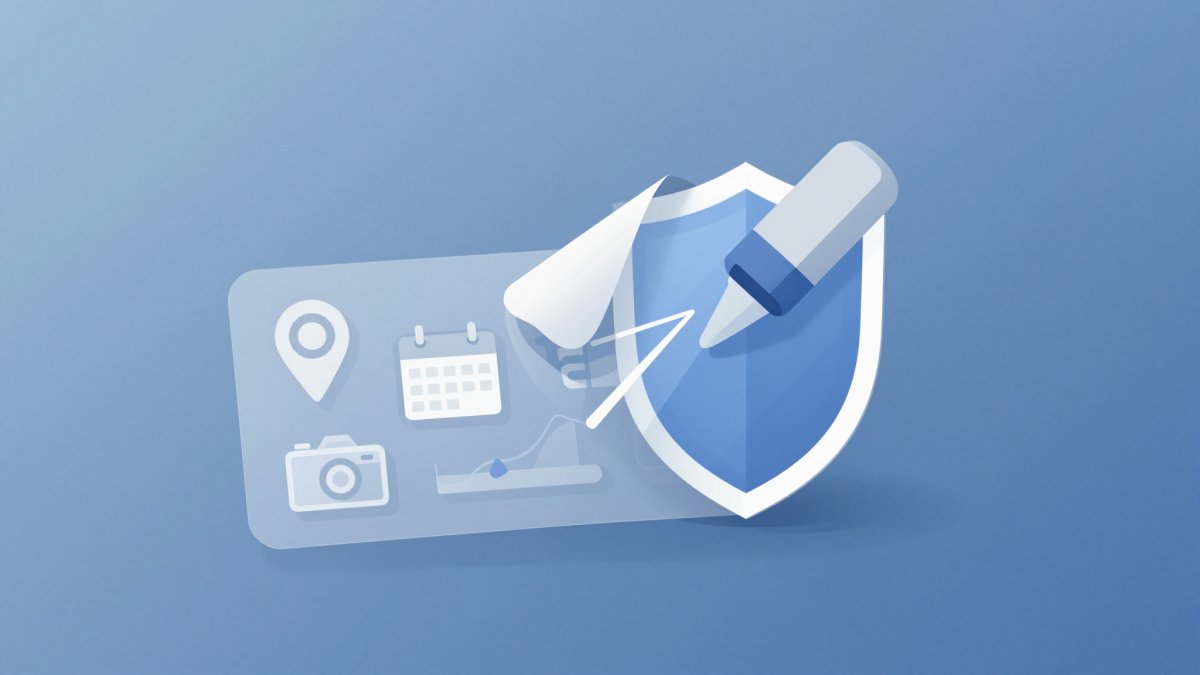 Illustration of a data layer peeling off a photo revealing location and date icons, wiped away by a privacy shield