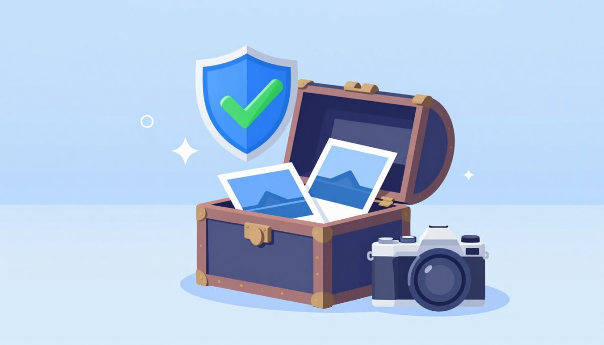 Illustration of a treasure chest full of photos with an approval checkmark shield, next to a camera for taking your own