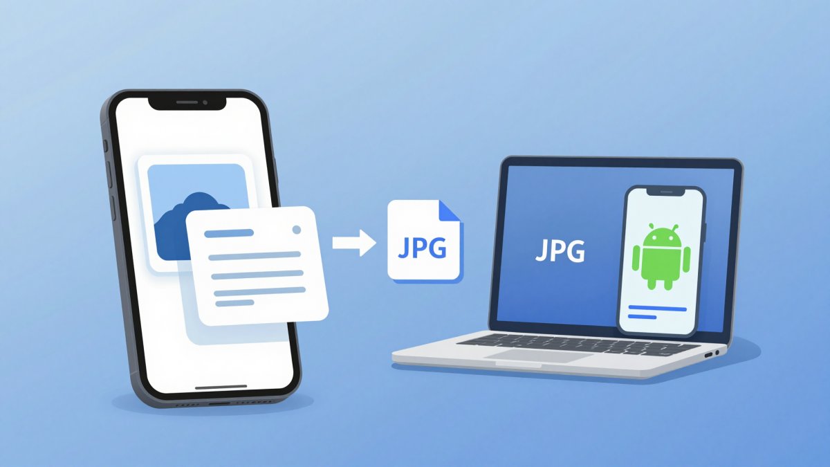 Illustration of an iPhone converting a HEIC photo file to JPG for a laptop and an Android phone