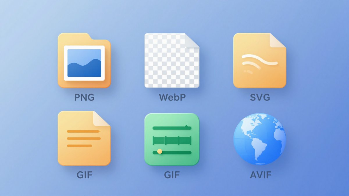 Illustration of six file icons in a grid representing the JPG, PNG, WebP, SVG, GIF and AVIF image formats