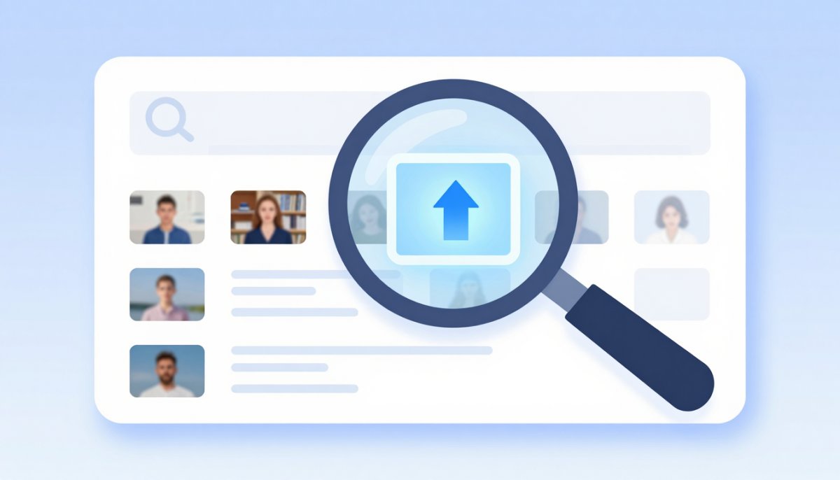 Illustration of a magnifying glass over a grid of image search results with one thumbnail rising above the others