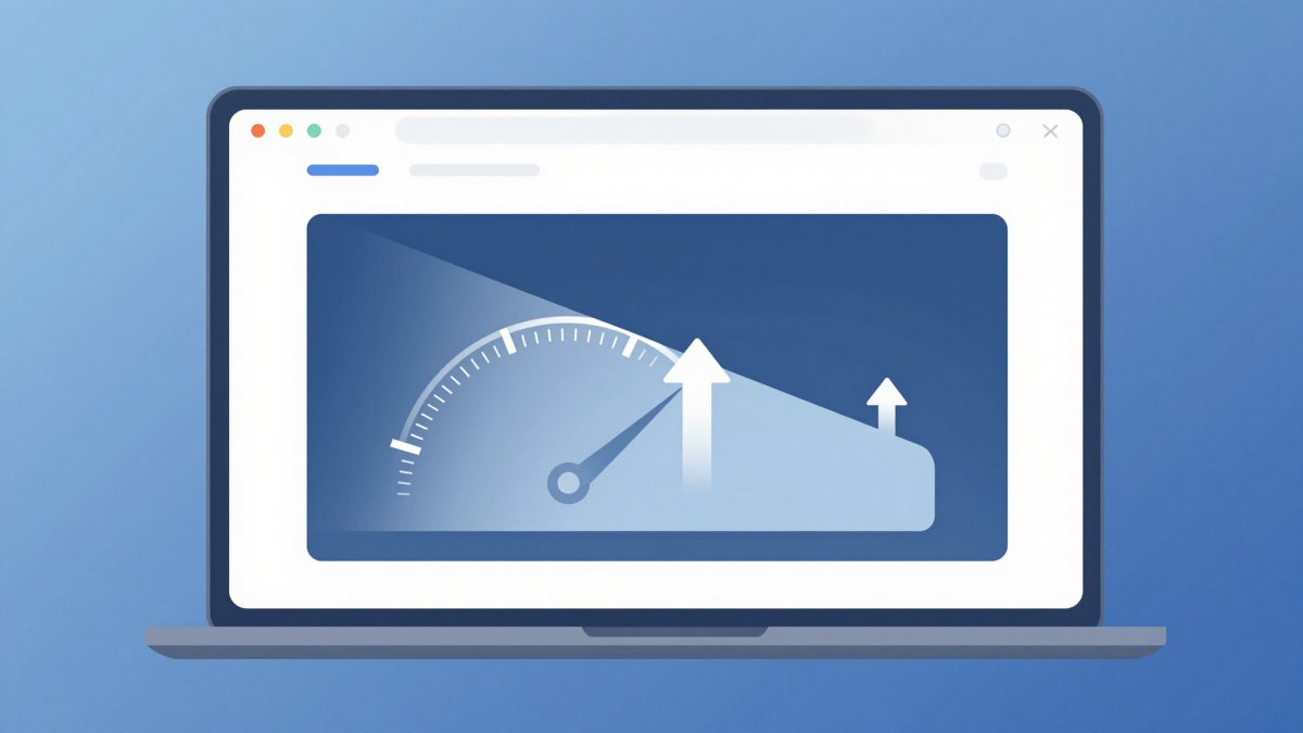 Illustration of a web page on a laptop where a heavy image is compressed into a lighter one, with a speedometer pointing to fast