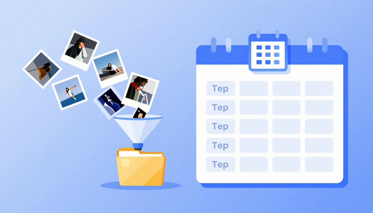 Illustration of scattered photos flowing through a funnel into tidy folders organised by year