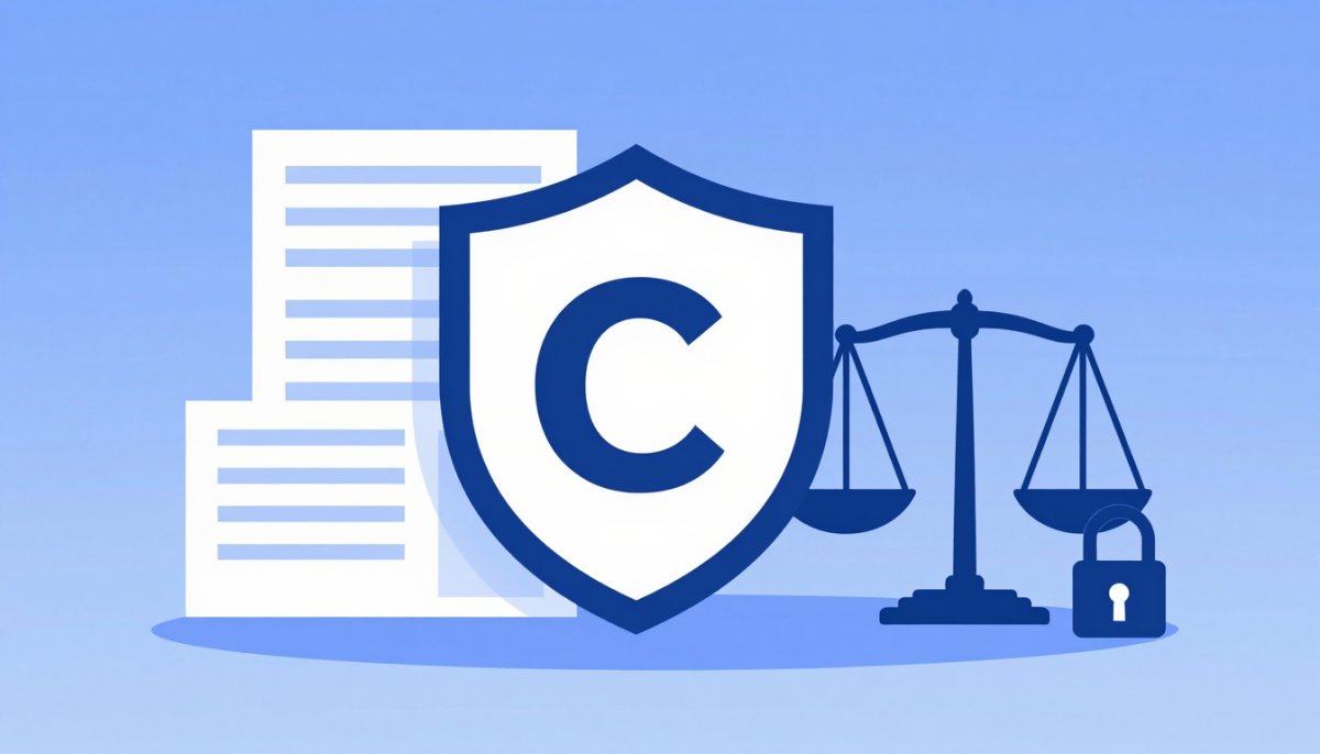 Illustration of a copyright shield protecting a stack of photos beside a balanced justice scale