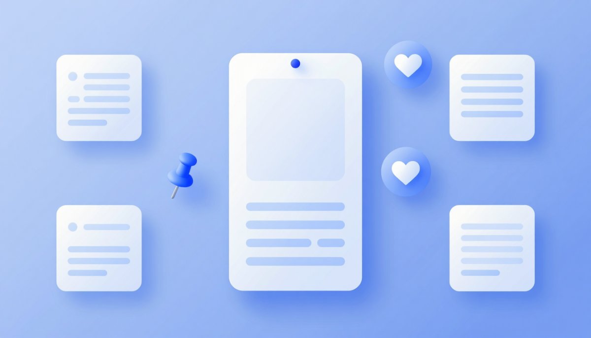 Illustration of a tall vertical 2:3 pin card glowing among smaller square cards on a pinboard