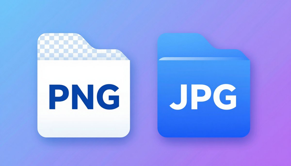 Illustration comparing a PNG file icon with a transparency checkerboard corner and a JPG file icon with a photographic gradient