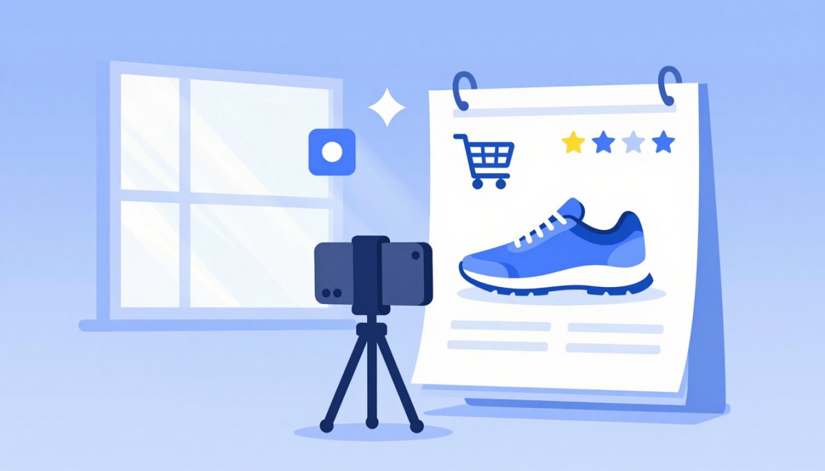 Illustration of a smartphone on a tripod photographing a sneaker on white poster board in window daylight