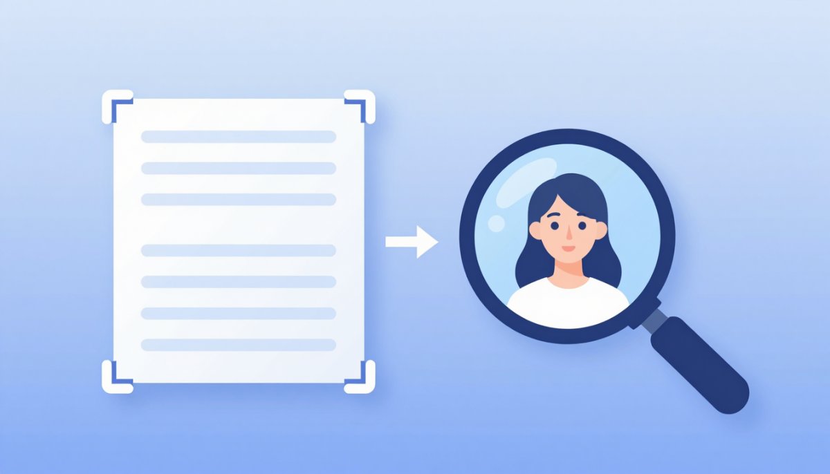 Illustration of a photo being resized with corner handles while a magnifying glass shows the smaller copy staying sharp