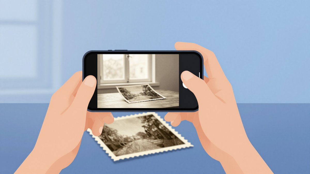 Illustration of hands holding a smartphone flat above an old faded photo, with the restored version shown on screen