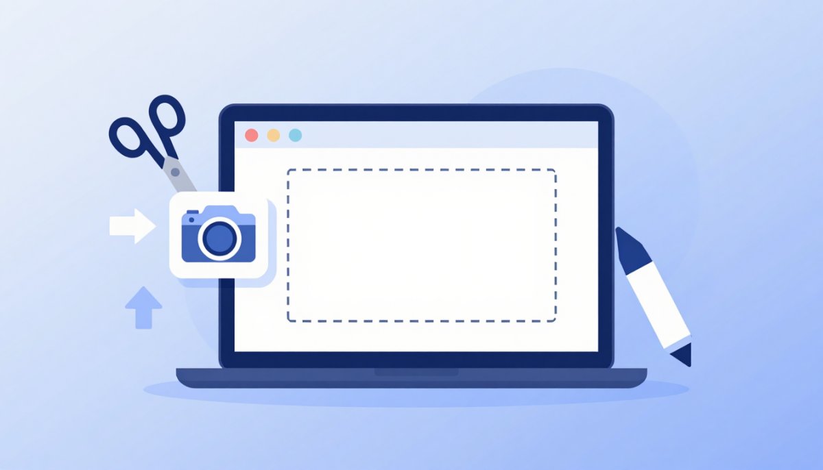 Illustration of a laptop screen with a dashed selection rectangle, camera shutter and annotation tools for taking screenshots