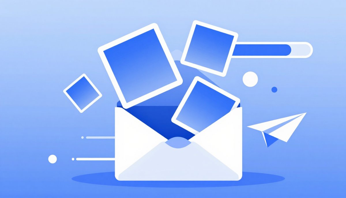 Illustration of photos flying into an open envelope, one shrinking mid-flight, with a progress bar and paper plane