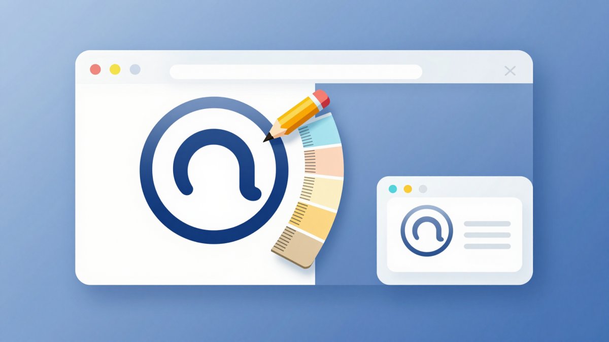 Illustration of a simple bold circular logo being designed with pencil and ruler, shown large and tiny but equally legible