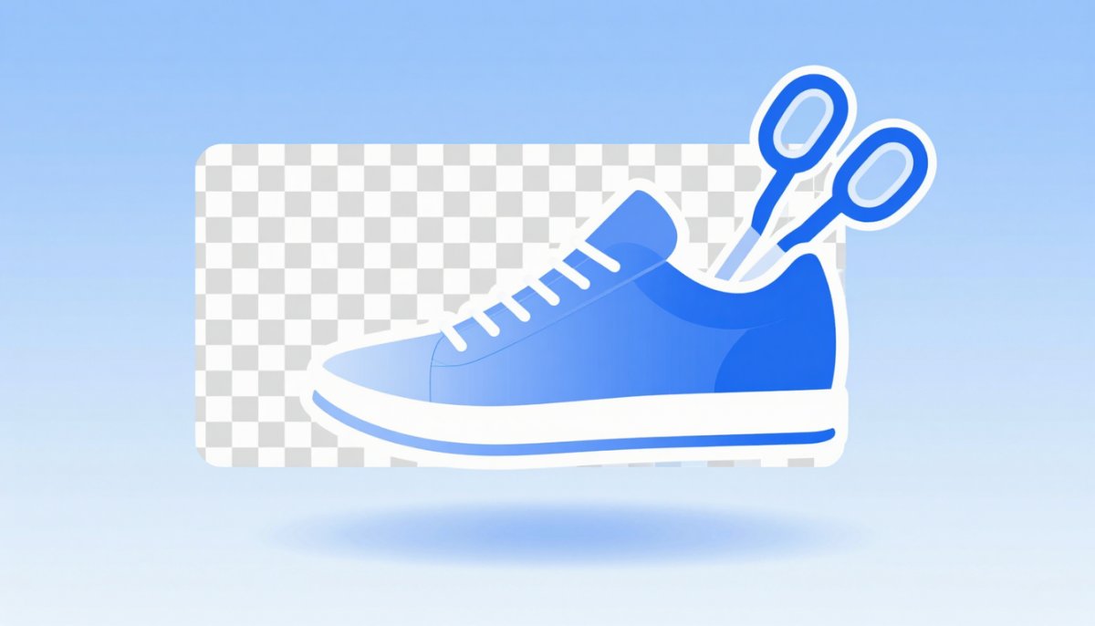 Illustration of a sneaker cutout with half its background as a transparency checkerboard and half as solid colour