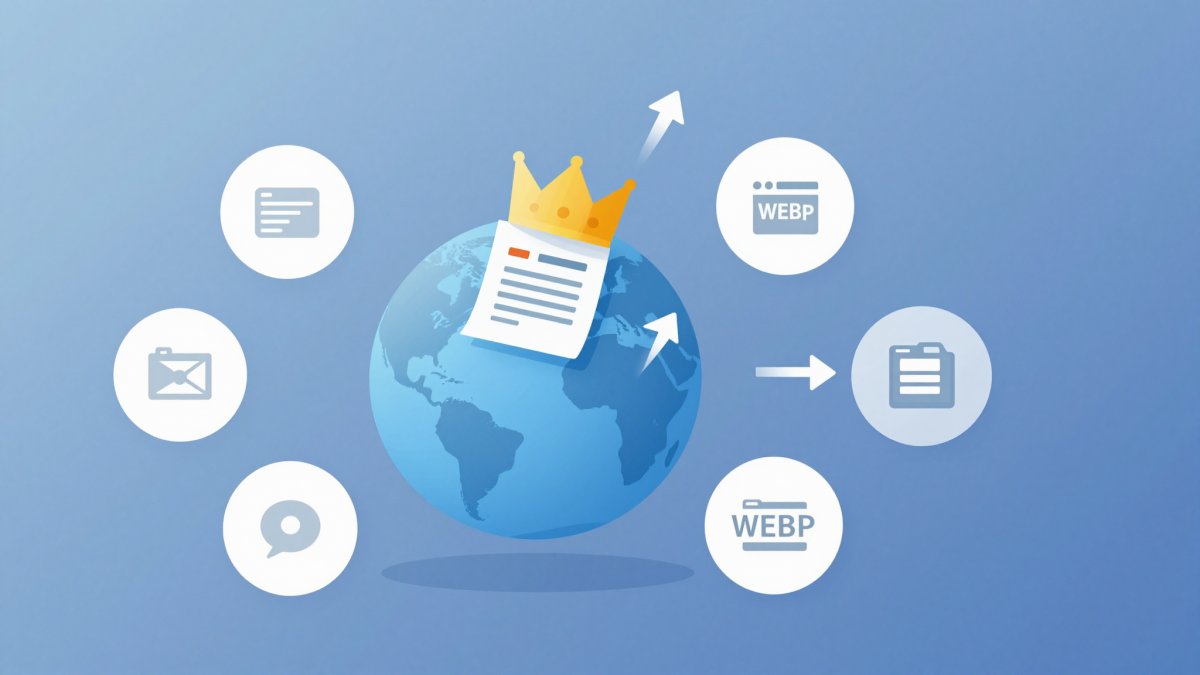 Illustration of a globe crowned with a WebP file icon surrounded by browser circles and a shrinking file-size arrow
