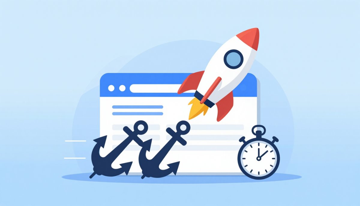 Illustration of a rocket lifting a browser window upward while dropping heavy anchors, with a stopwatch showing fast load time