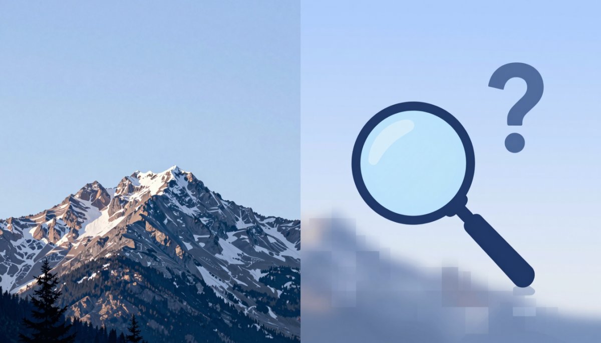 Illustration of the same photo half sharp and half pixelated, examined with a magnifying glass