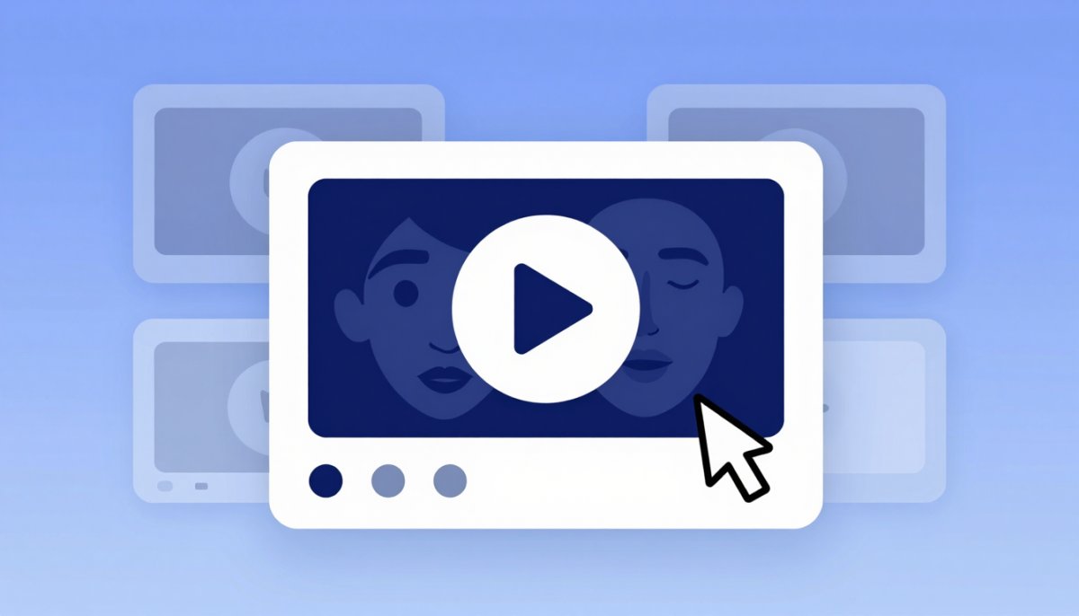 Illustration of a bold video thumbnail with a play button standing out among smaller grey video cards